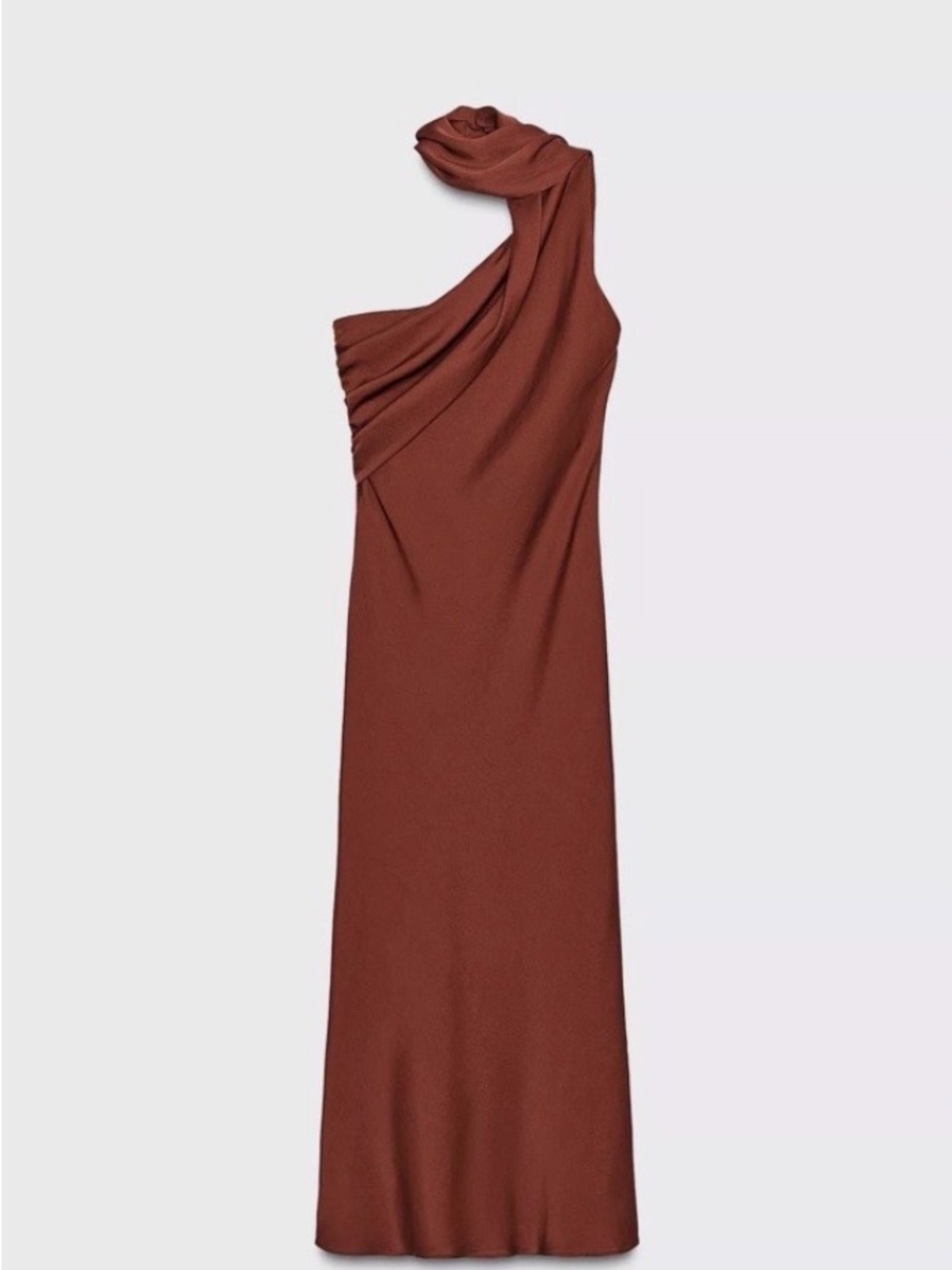 Zara Rust-Brown One-Shoulder Draped Midi Dress - Picture 8 of 8